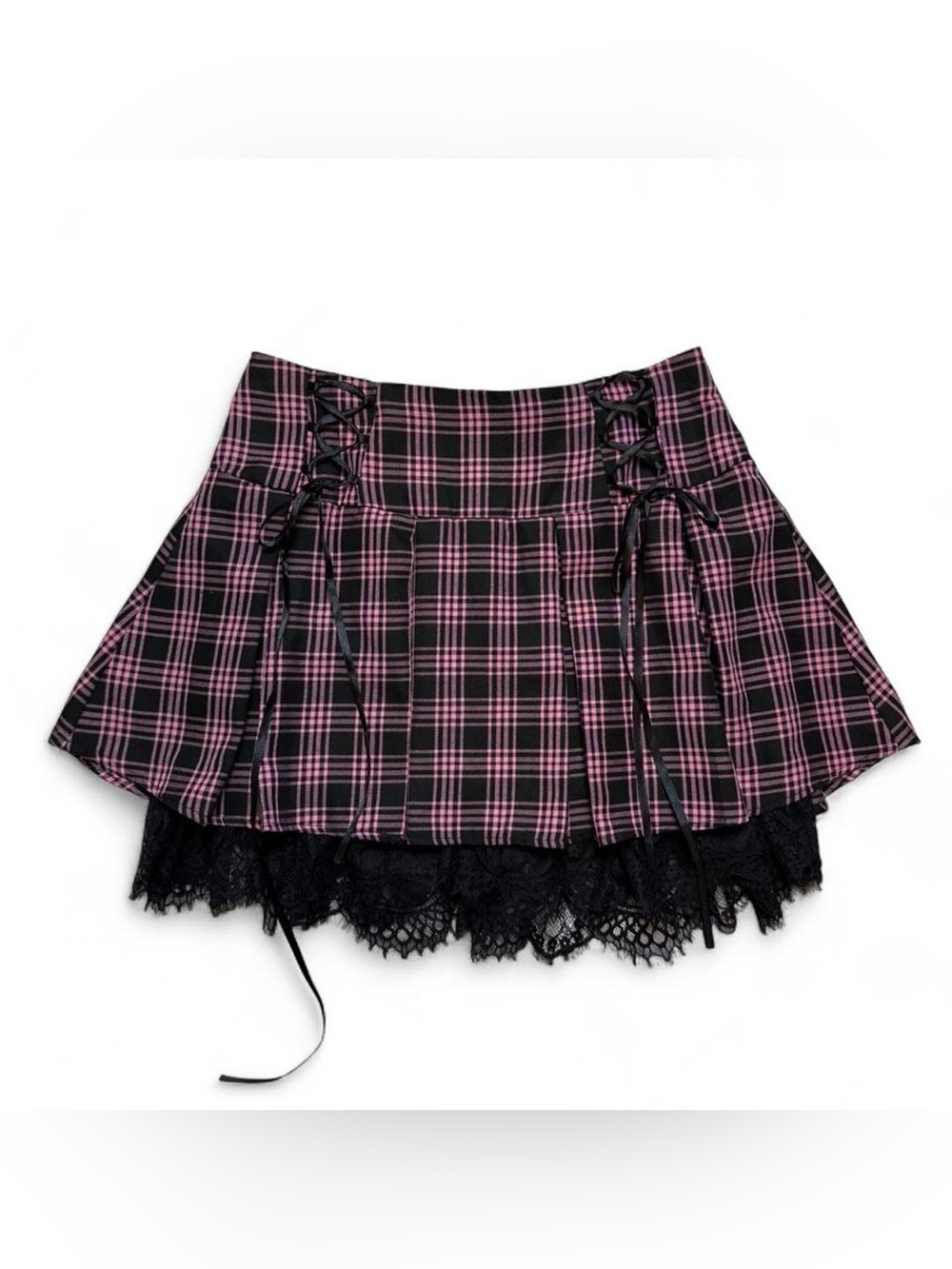 Hot Topic Pink Black Plaid Lace Trim Mini Skirt Gothic Punk Size M Preppy